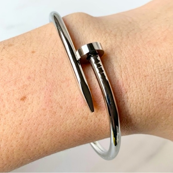 Silver Plated Nail Screw Tack Bangle Minimalist Punk Bracelet - Picture 3 of 10